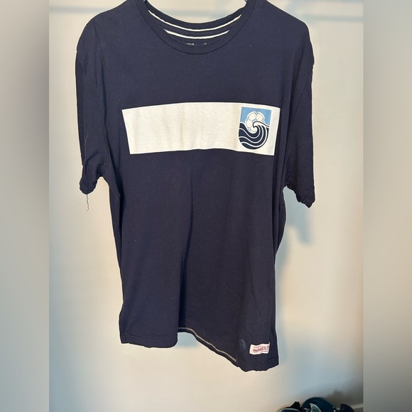 Mitchell & Ness Navy Tee with White and Blue Wave Design - Picture 1 of 4